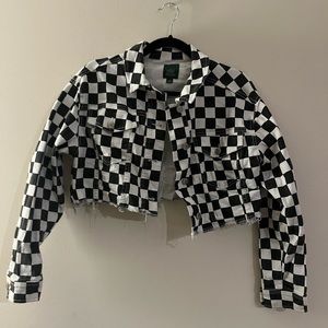 Cropped denim jacket checkered print